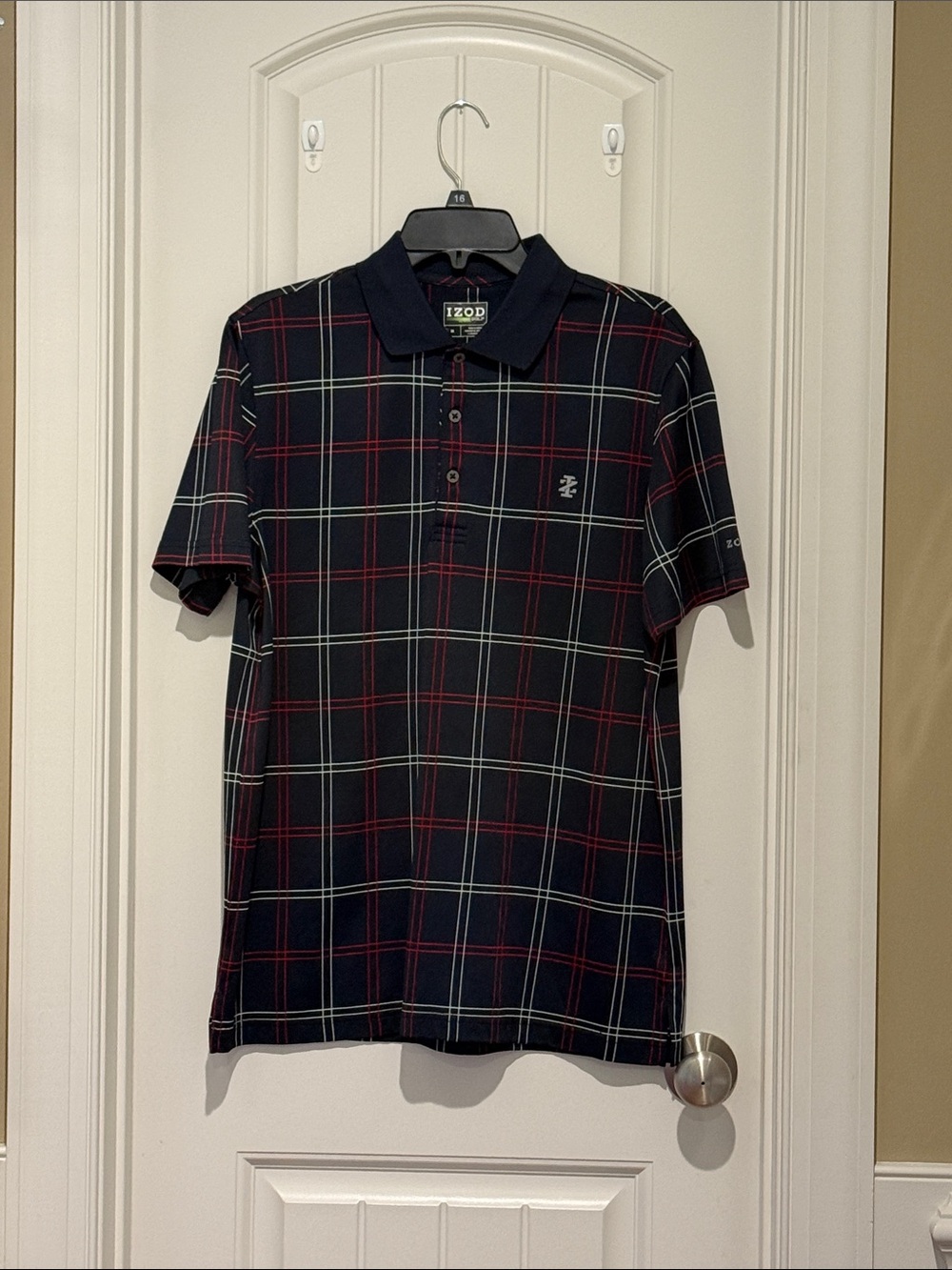 Izod Navy Polo with Red and White Windowpane Plaid